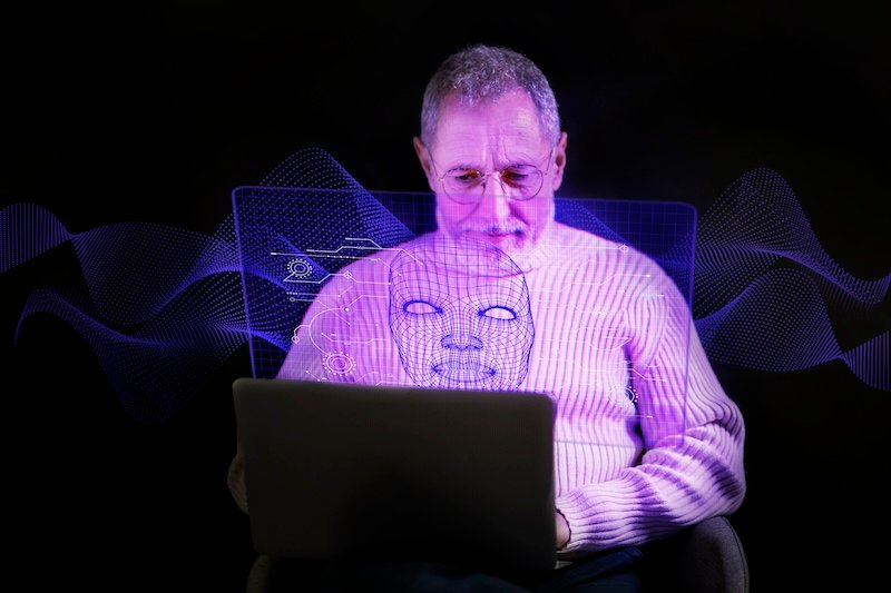Dijital ajanları temsil eden geleceğe dönük AI temalı portre.