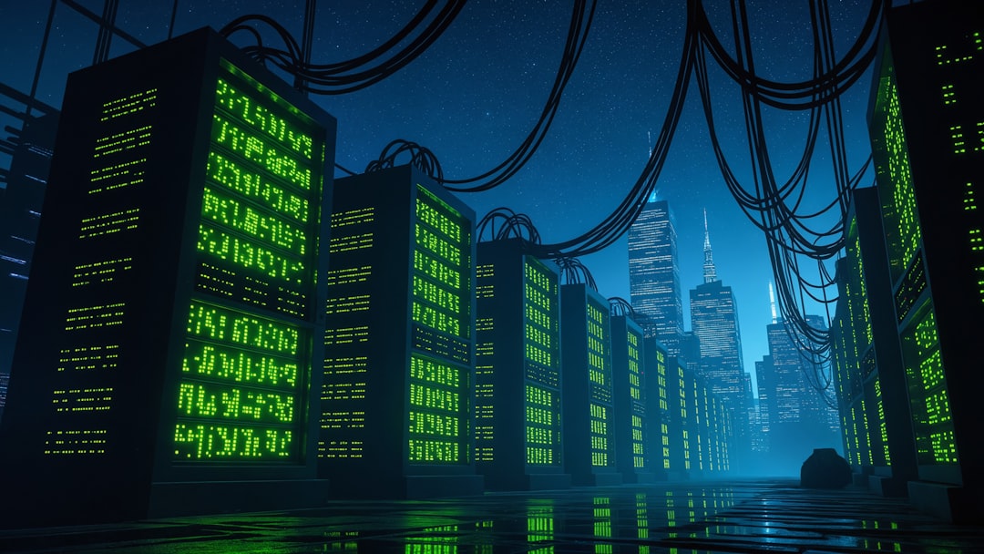 Futuristiskt datacenterlandsskap med upplyst serverinfrastruktur