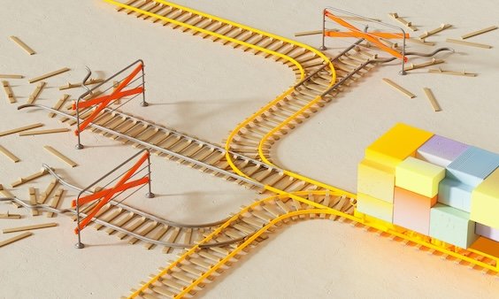 Oyuncak tren rayları üzerinde bazı raylar kırılmış ve bariyerler var sayların üzerinde duran oyuncak blokların gidebileceği tek bir sağlam yol var.