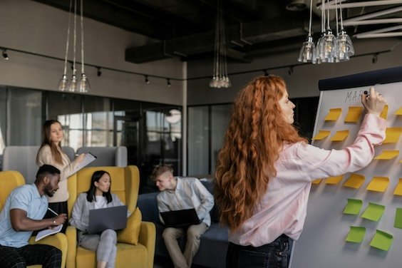 Sprint planlaması yapan bir agile takımı bir konu üzerine tartışırken bir kadın tahtaya yazı yazıyor.