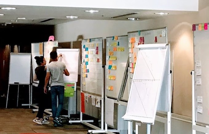 Scrum board'ları önünde duran iki ikişi, işlerin yazılı olduğu postit'leri güncelliyor.