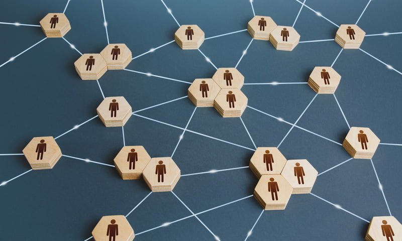 Connected people. Interactions between employees and working groups. Networking communication. Decentralized hierarchical system of company. Partnerships, business connections. Organization concept